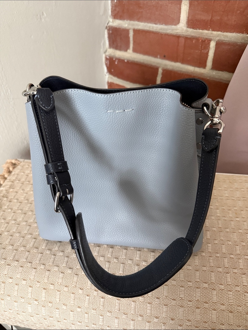 Coach Light Blue Pebbled Leather Shoulder Bag with Navy Blue Strap - Picture 2 of 5